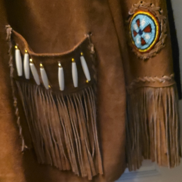 Embroidered Brown Leather Jacket with Blue Details - Picture 6 of 13